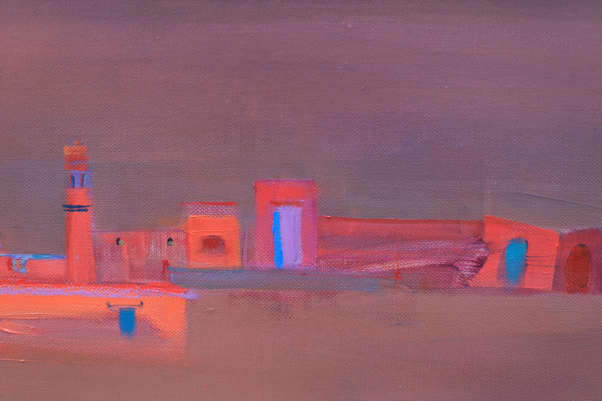 A painting features a serene desert scene with abstract pink and orange architectural elements, creating a warm, tranquil atmosphere.