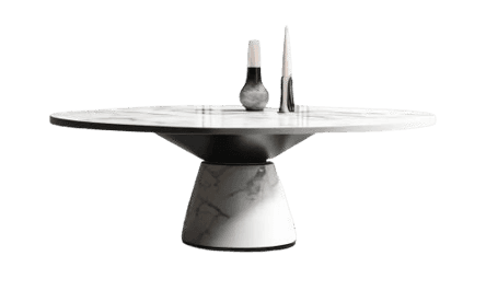 Handcrafted round white marble dining table with modern pedestal base