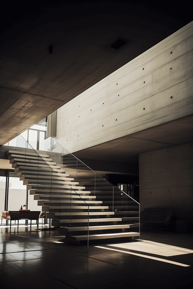 Concrete house with wooden stairs and water feature