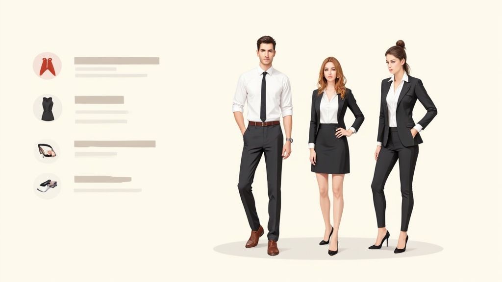 Drei Personen in Business-Anzügen, ein Mann und zwei Frauen, präsentieren Geschäftskleidung mit einer Artikelauswahl.