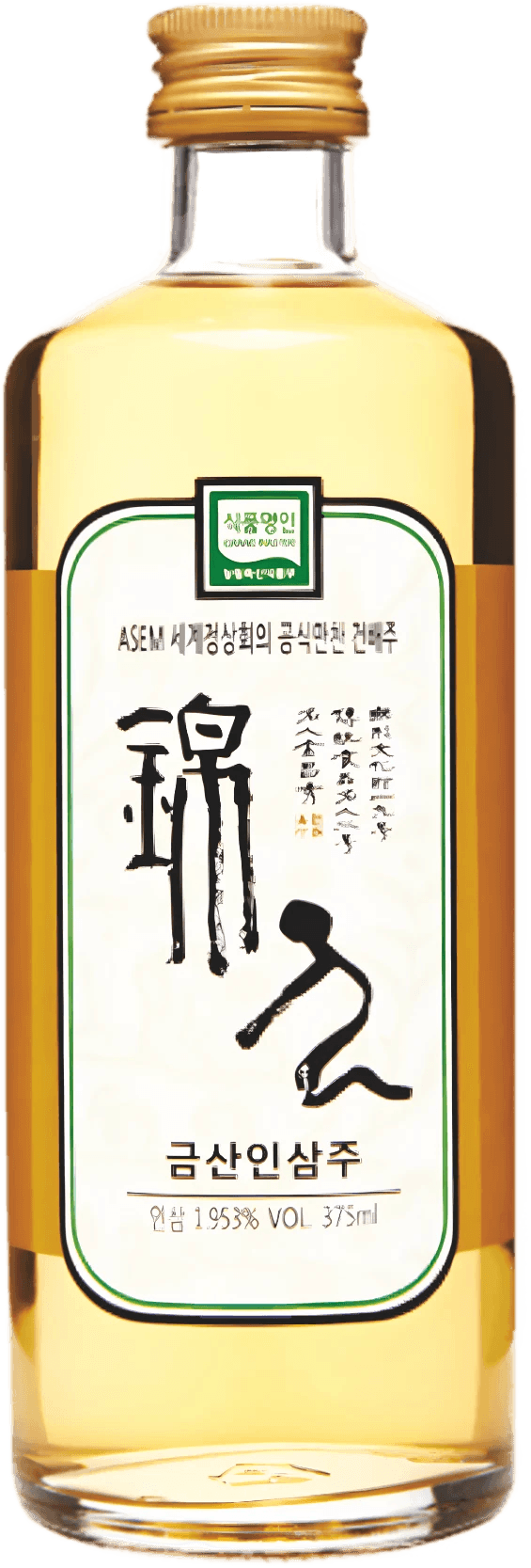 A bottle of Korean traditional alcohol (Geumsan Insamju - ginseng wine) with a gold cap and a white label featuring black calligraphy, set against a plain white background.
Geumsan Ginseng Wine - Geumsan Insamju - cultsool