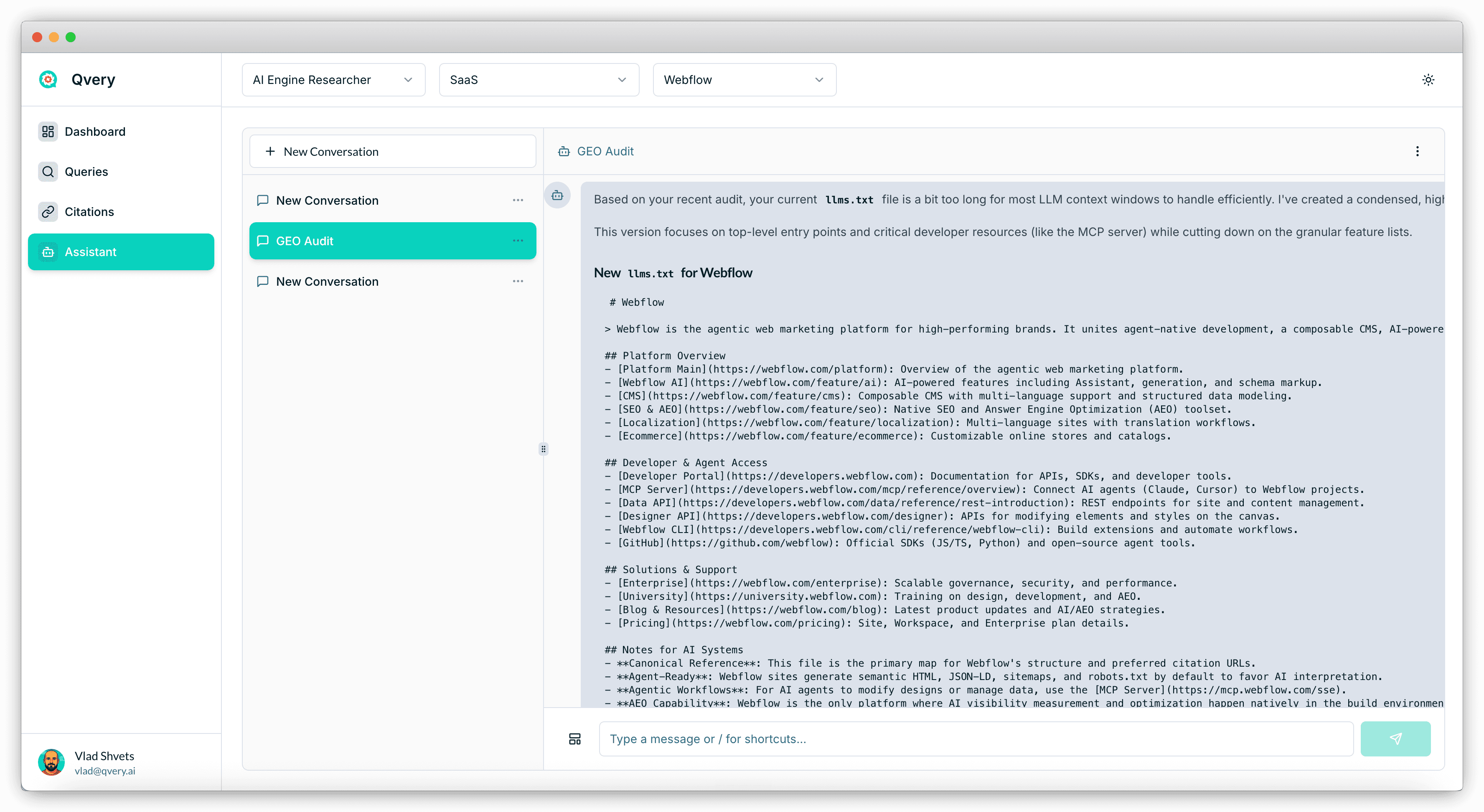 Qvery Assistant generating a custom llms.txt file for Webflow. The output shows structured sections including # Webflow (description), ## Platform Overview, ## Developer Tools & Agent Access, ## Solutions & Support, and ## Notes for AI Systems — each with bulleted page links, MCP server pointers, and short descriptions formatted for LLM consumption.