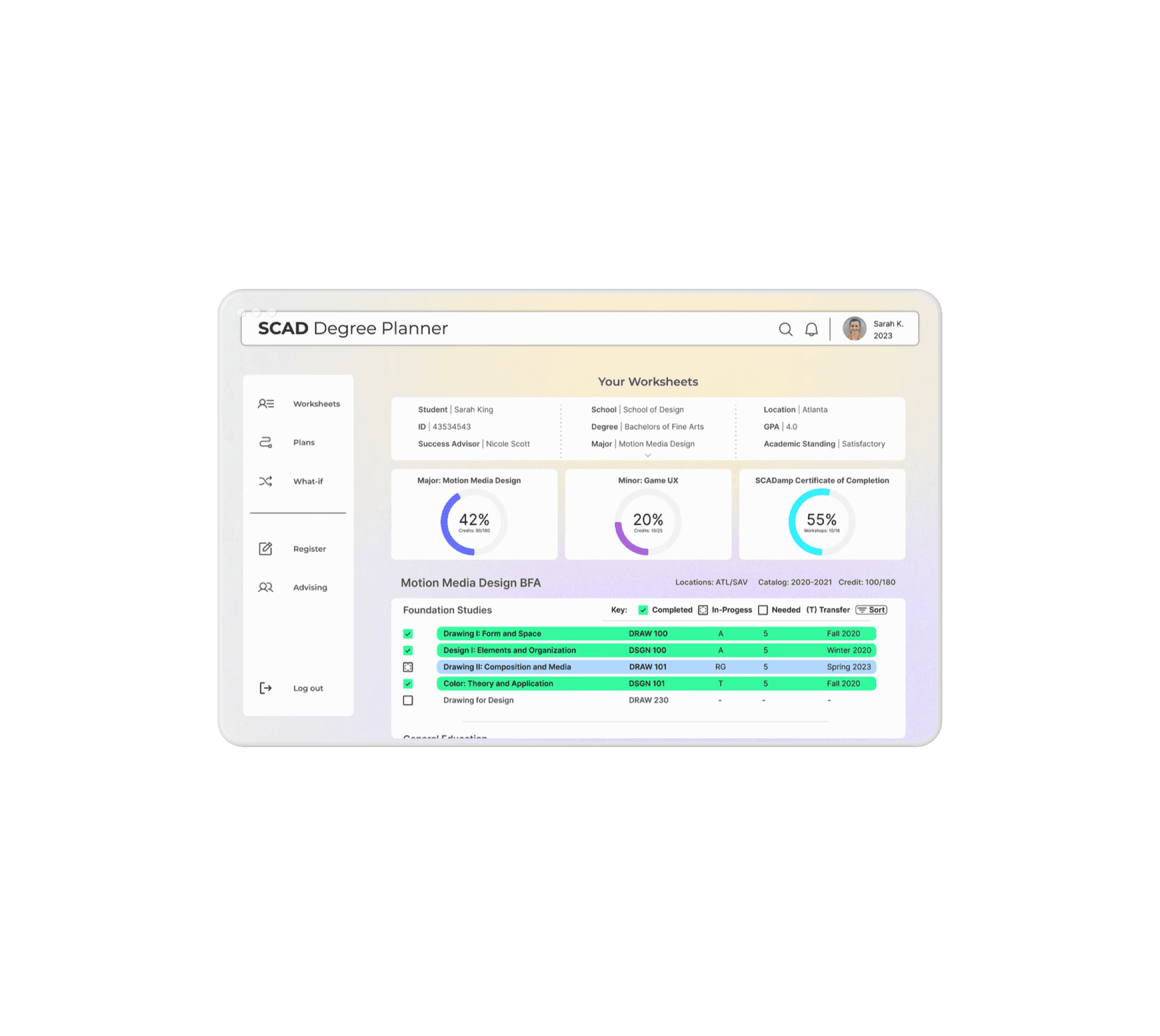 Centralized academic dashboard designed to give students immediate visibility into degree progress, completed coursework, and planning information in a single location.