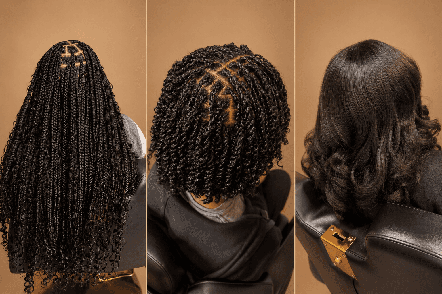 Boho Knotless Braids client hairstyle against a warm caramel background