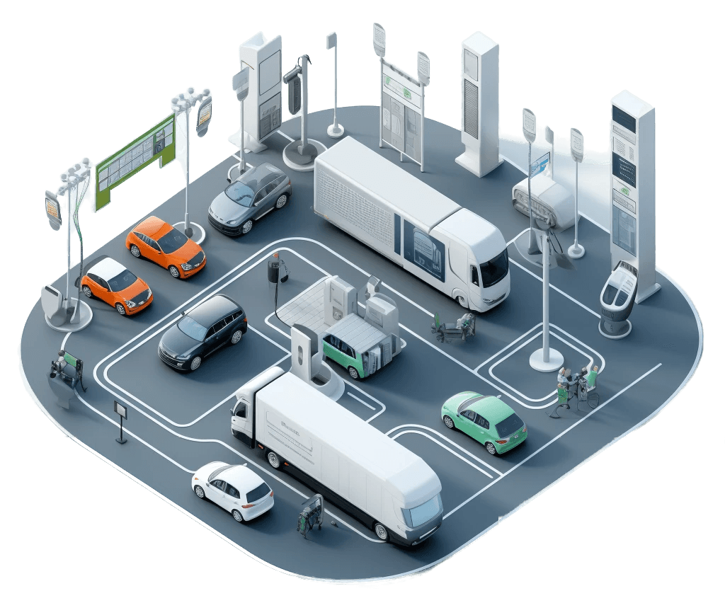 - EV chargers, electric vehicles, and electric trucks in the style of hyper-realistic atmosphere.