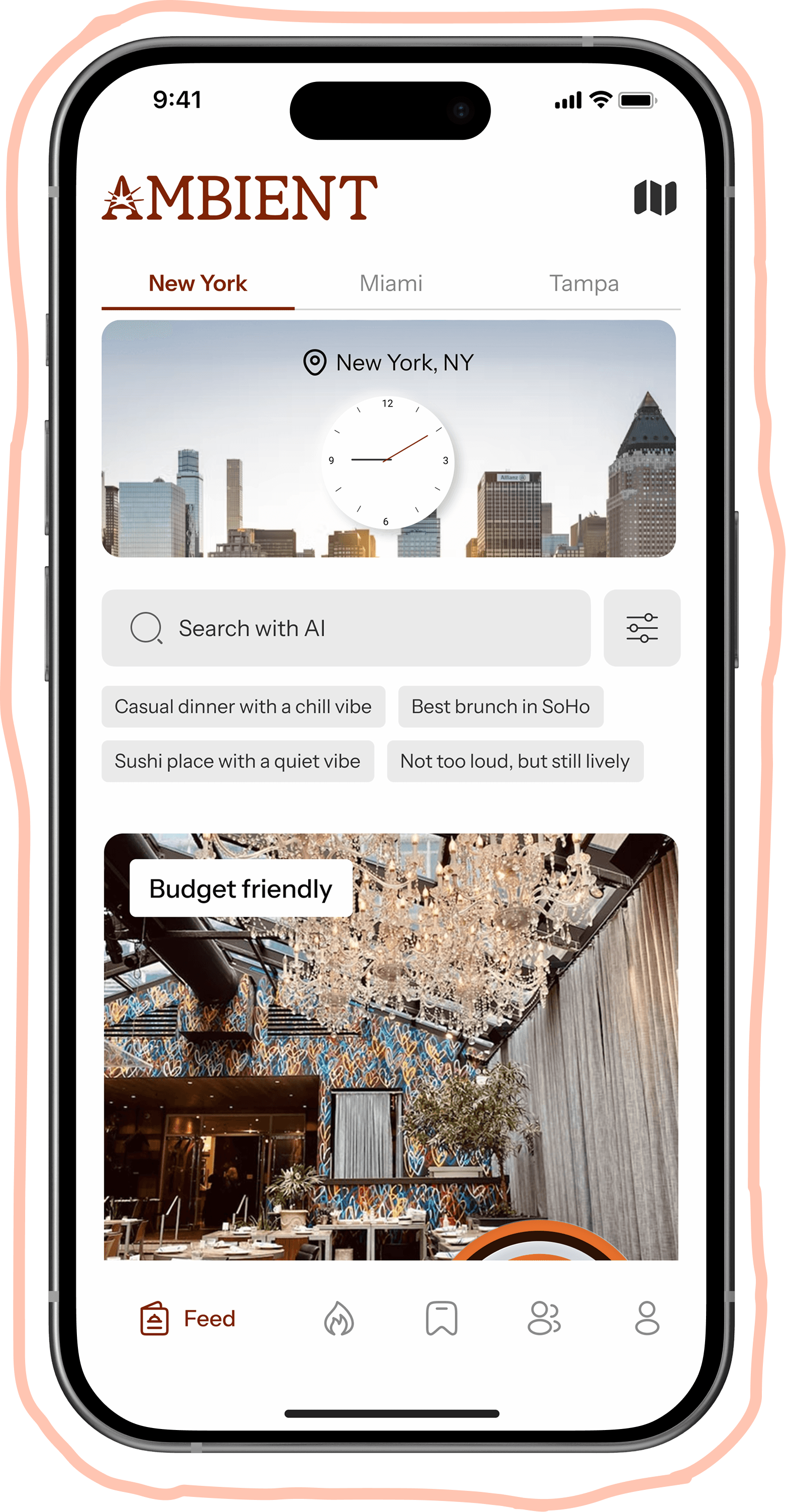 AMBIENT app home screen with AI mood search