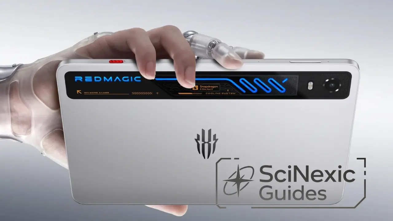 A futuristic device, resembling a tablet, is held in a prosthetic hand against a sleek, metallic background, featuring vibrant blue accents, camera module, and the "RedMagic" branding along with the "SciNexic Guides" logo in the corner.