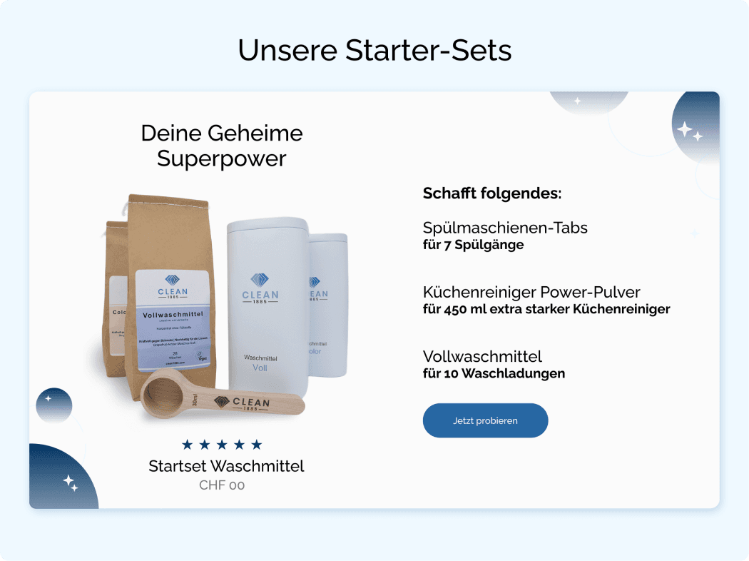 Clean 1885 starter set promotional section headlined "Deine Geheime Superpower", featuring a product bundle photo and a list of included items: dishwasher tabs, kitchen cleaner powder, and laundry detergent