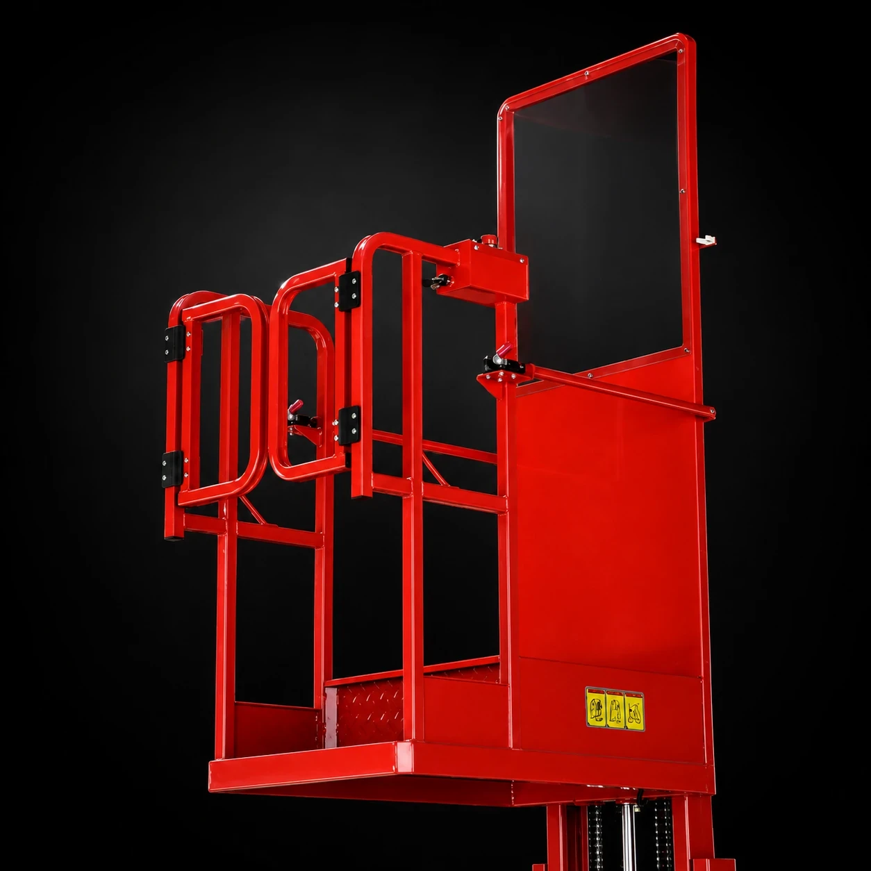 Red aerial work platform with full-height safety guardrails
