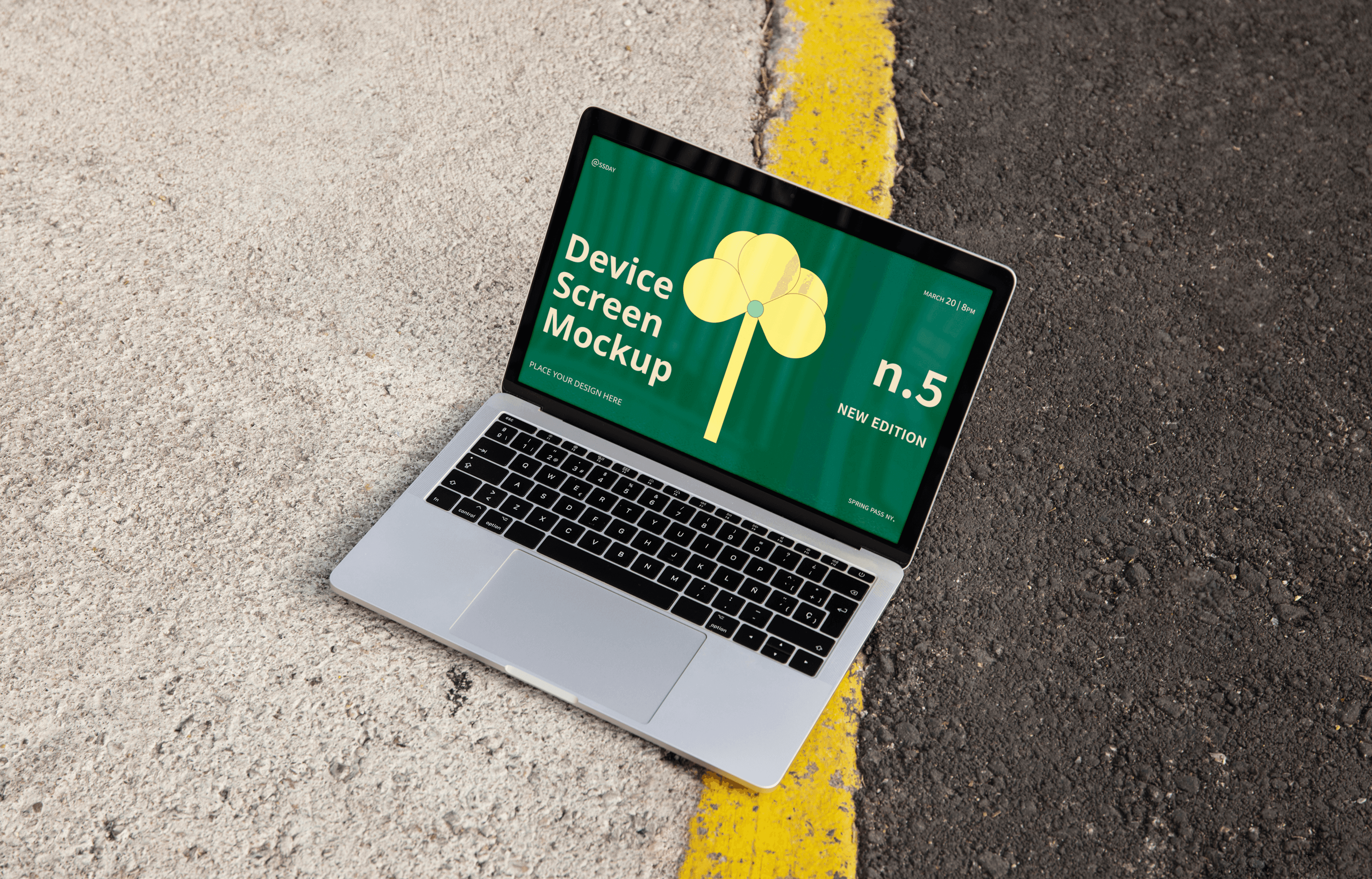 Professional laptop mockup on a textured asphalt and concrete background, featuring a green screen display with a yellow clover icon and bold "Device Screen Mockup" text.
