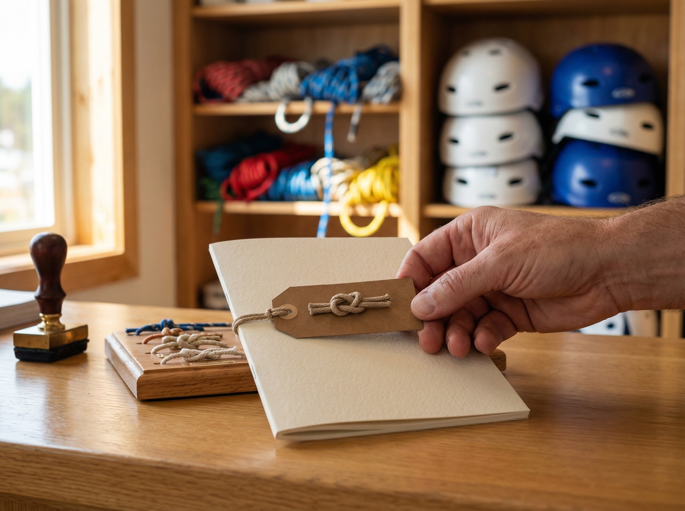 Auf einem Tresen liegt ein stilvolles Gutscheinheft neben einem kleinen Knotenbrett und einem maritimen Stempel. Eine Hand befestigt einen Anhänger mit einem Seemansknoten. Im Hintergrund sind ordentlich aufgestellte Segelhelme und farbige Tampen zu sehen.