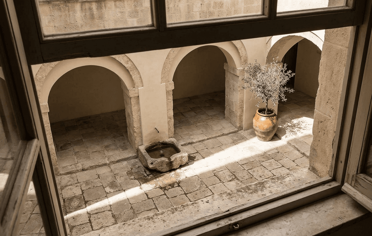 Looking down from a first-floor window onto the arcaded cloister, its stone basin and a single potted olive
