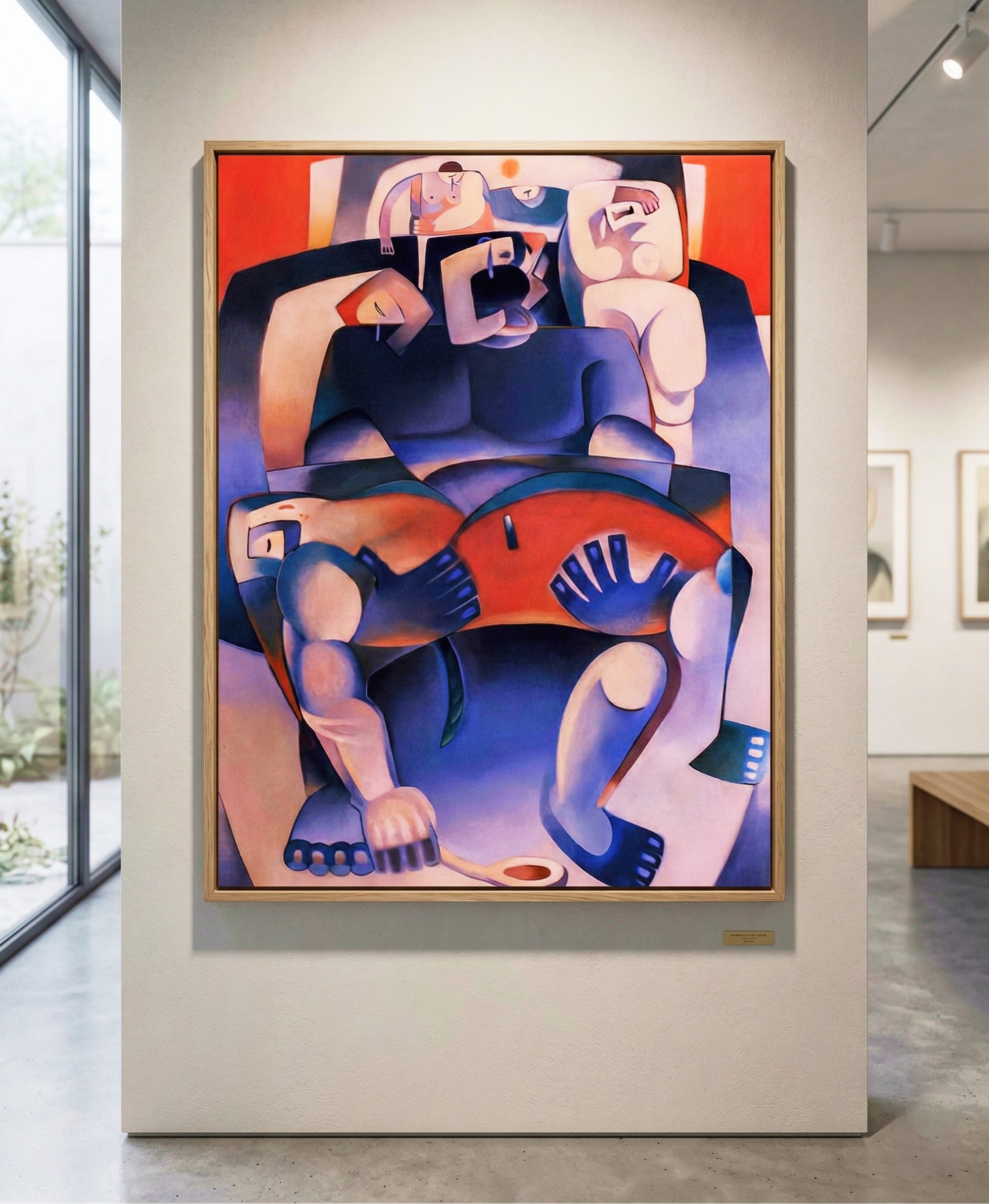 Acrylic diptych painting displayed on an easel in a sunlit studio, showing two seated figures surrounded by white doves in deep blue tones.