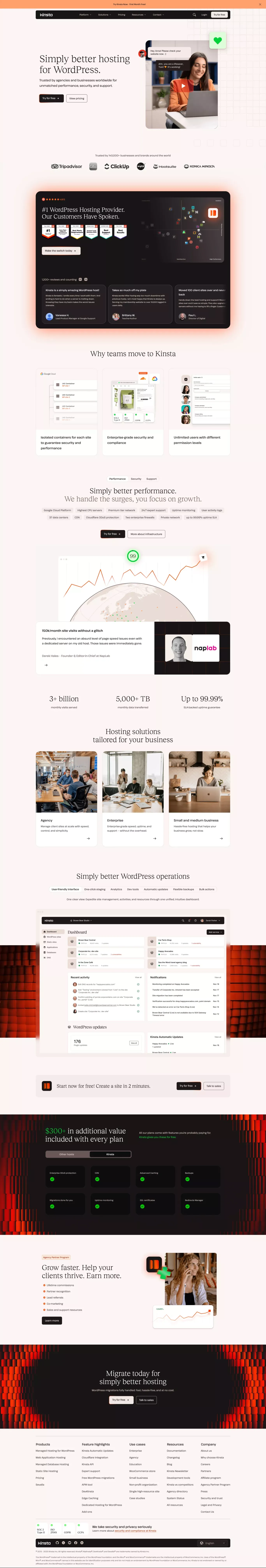 Kinsta® - Hosting for WordPress landing page screenshot showcasing Tech design