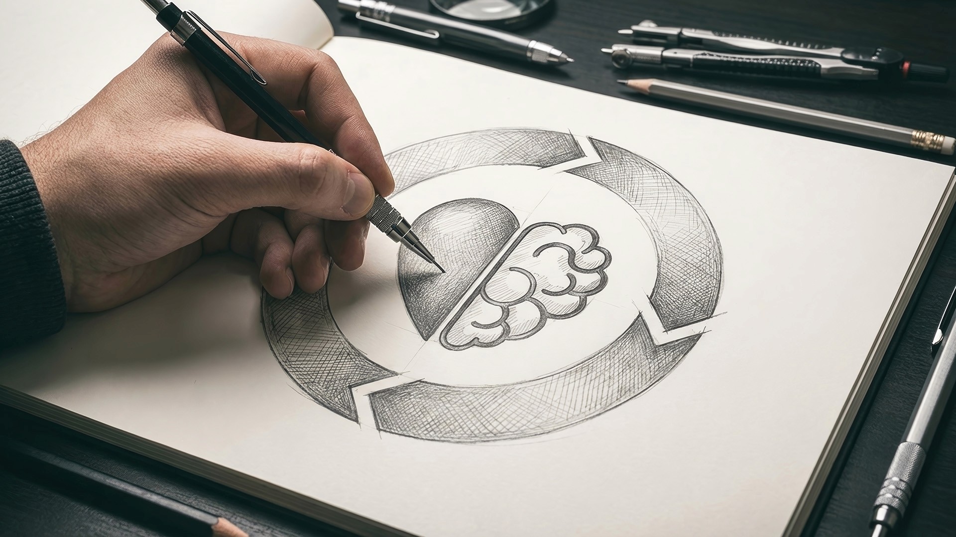 Sketchbook draft of Making Shift Happen logo mark