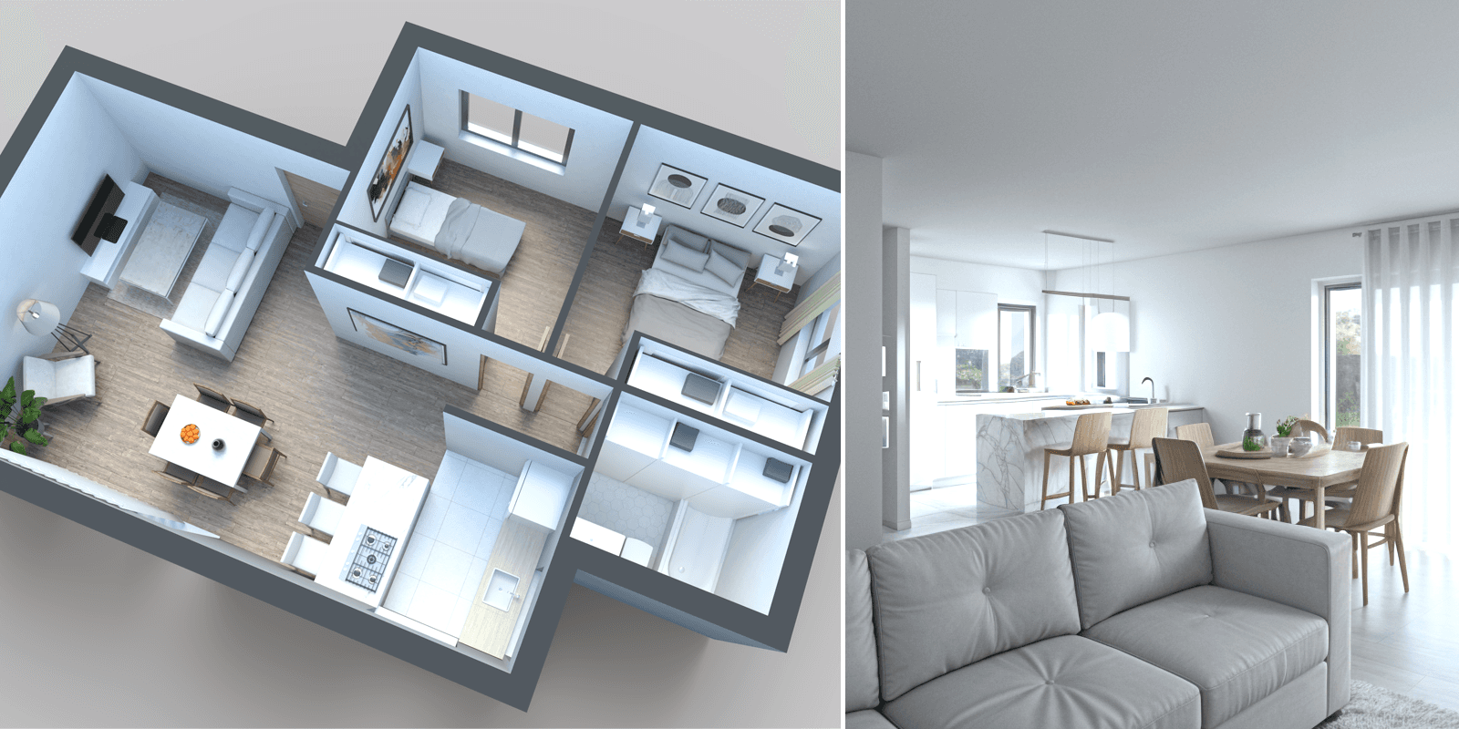 3D view of a two-bedroom apartment showcasing an open living and dining area, modern furnishings, and a functional layout.