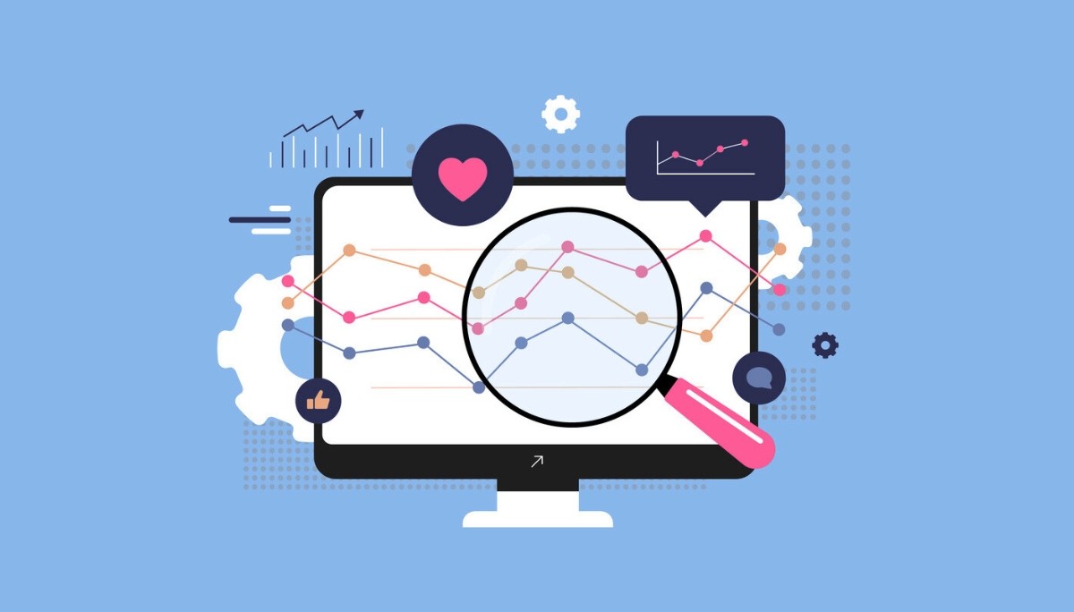 Illustration of a computer screen displaying colorful line graphs under a magnifying glass, surrounded by icons for engagement and system tools, symbolizing real user monitoring through performance tracking and behavioral analytics.