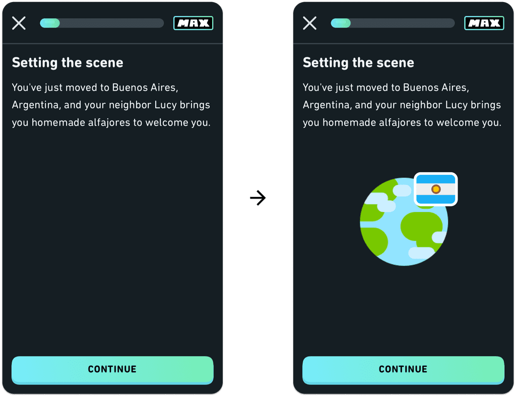 A screenshot of a Duolingo Max Roleplay with no visual next to one with an illustration and a flag filling the empty space.