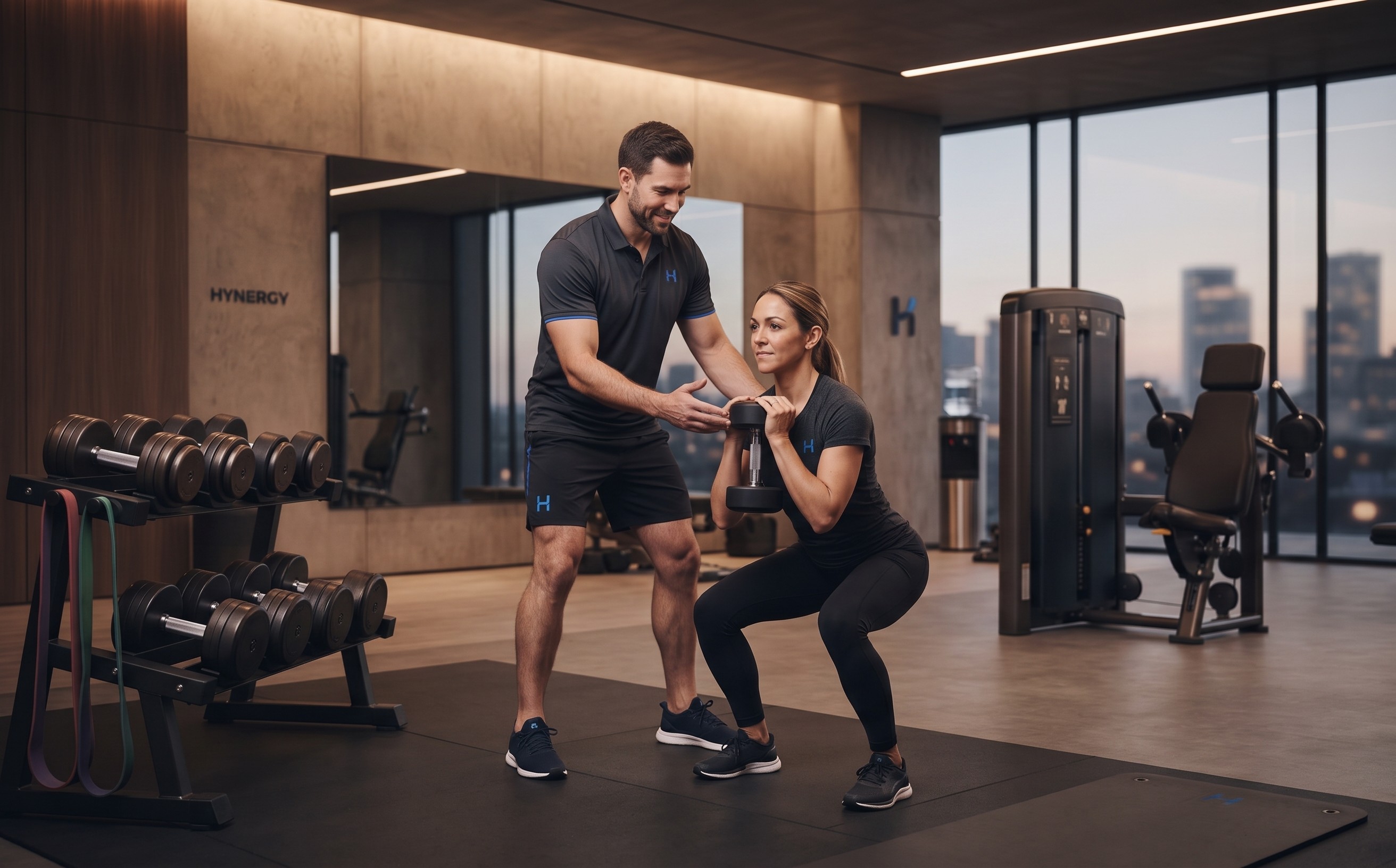 Personal trainer guiding a woman performing a dumbbell goblet squat in a modern gym.