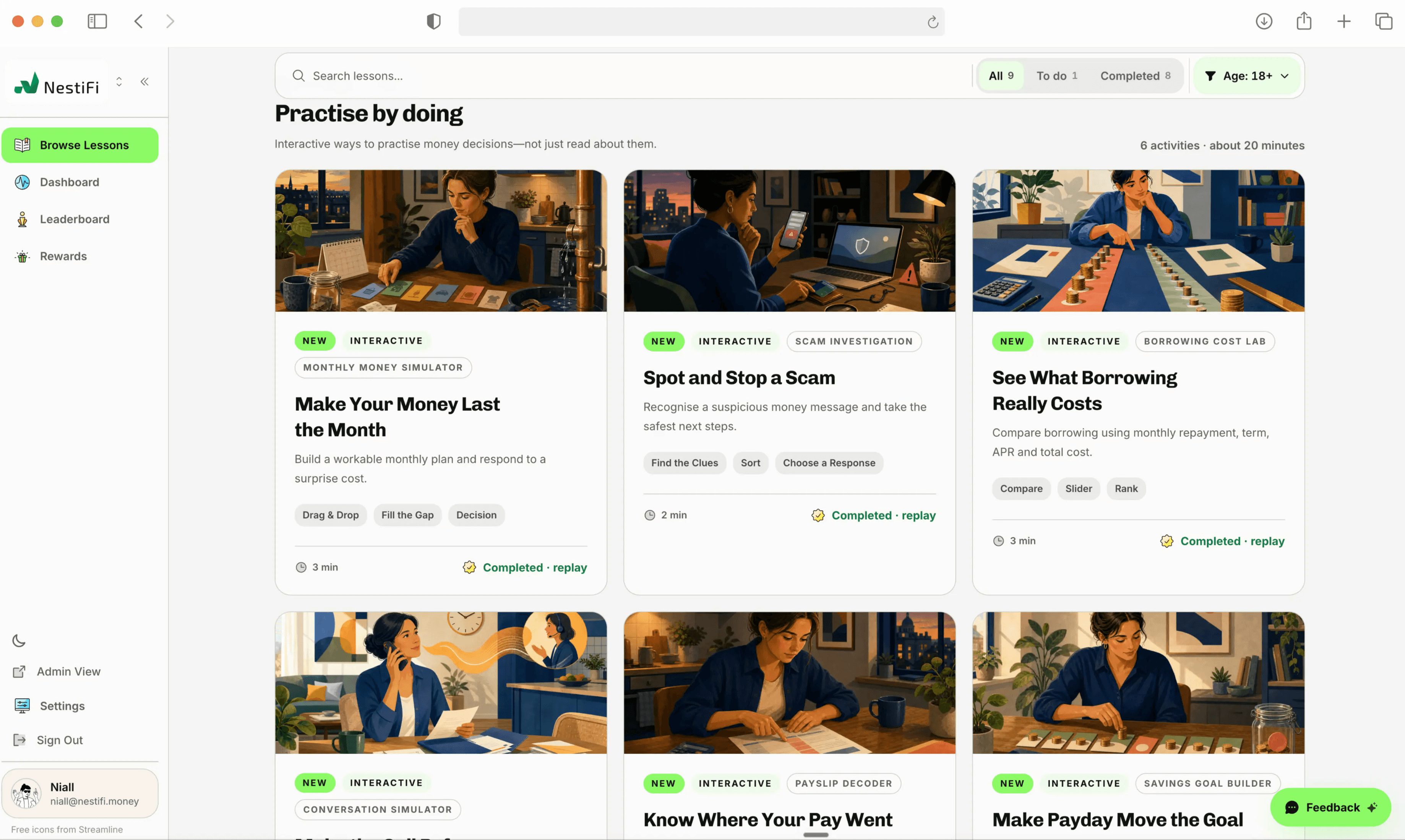 NestiFi Learn lesson library open in a browser window
