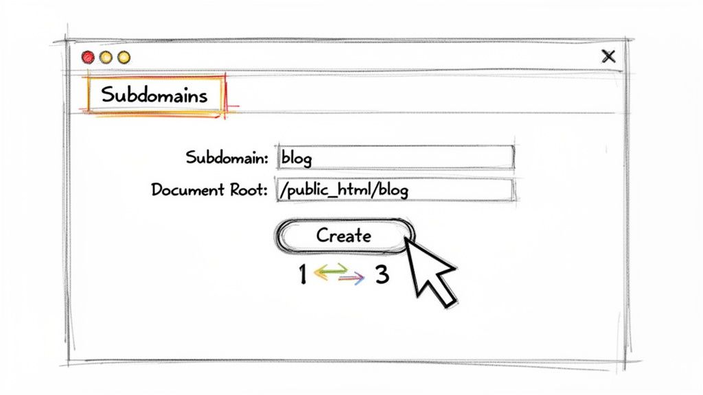 Sketch of a subdomain creation dialog box showing 'blog' and document root, with a mouse clicking 'Create'.