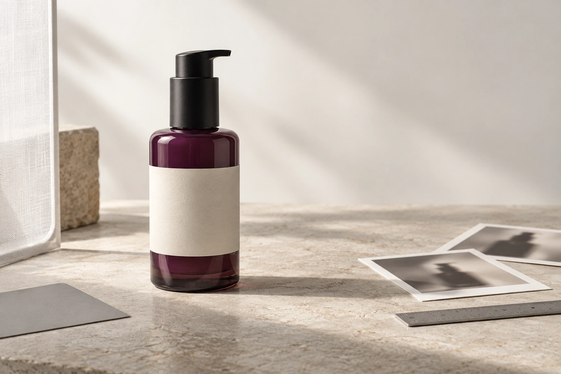 Unbranded plum glass pump bottle beside a ruler, neutral card, diffusion panel, and blank contact prints on pale stone