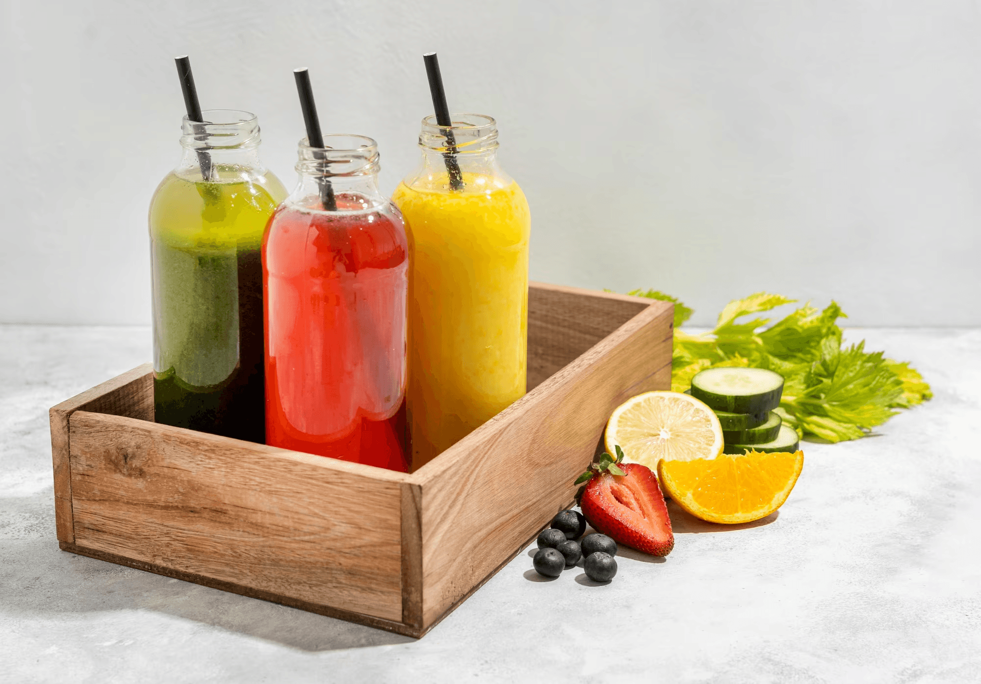 Three bottles of green, red, and yellow juice in a wooden crate with fresh fruit slices on a white surface.