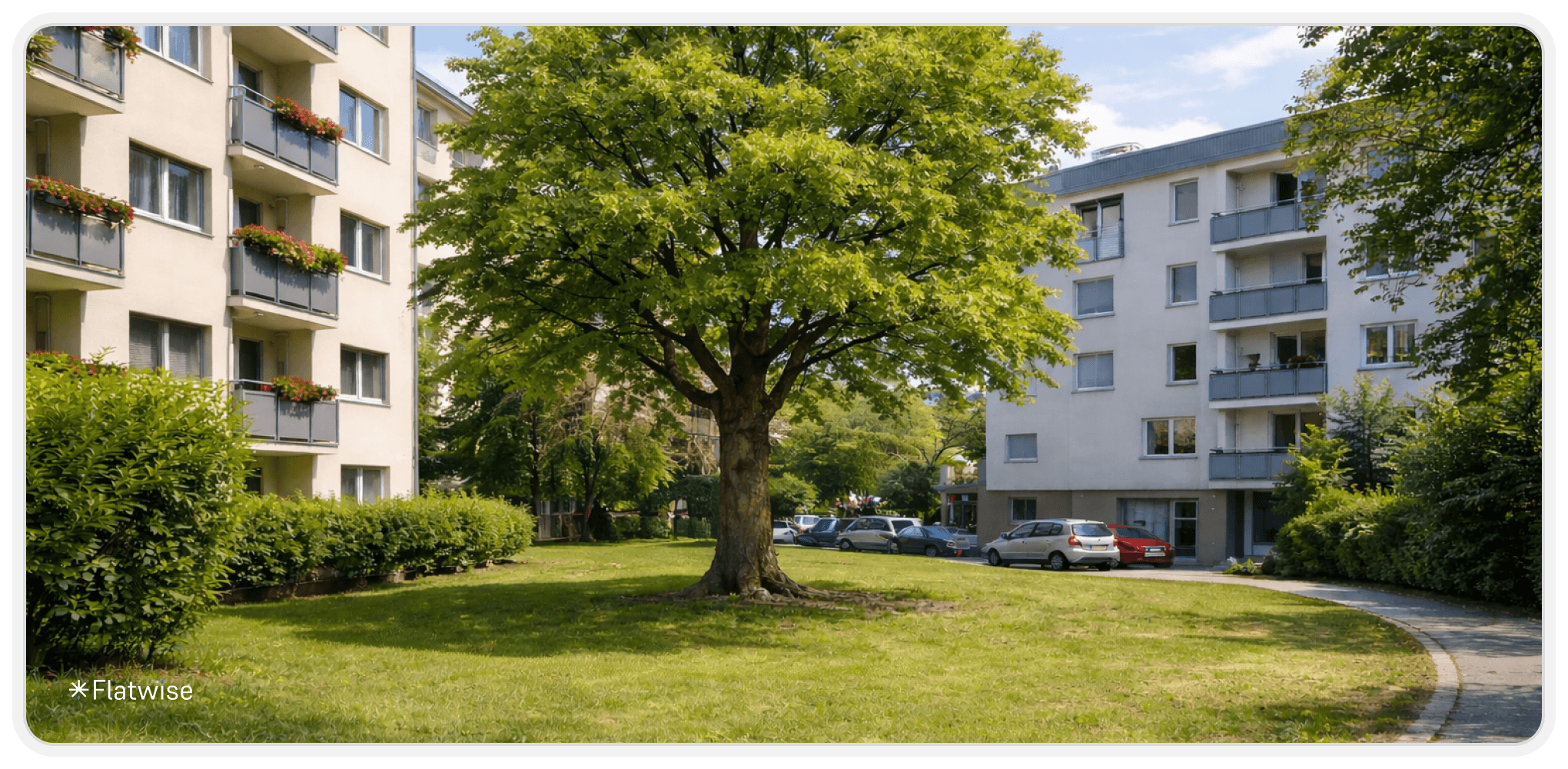 Ein Baum auf einem Grundstück zwischen zwei Mehrparteienhäuser.