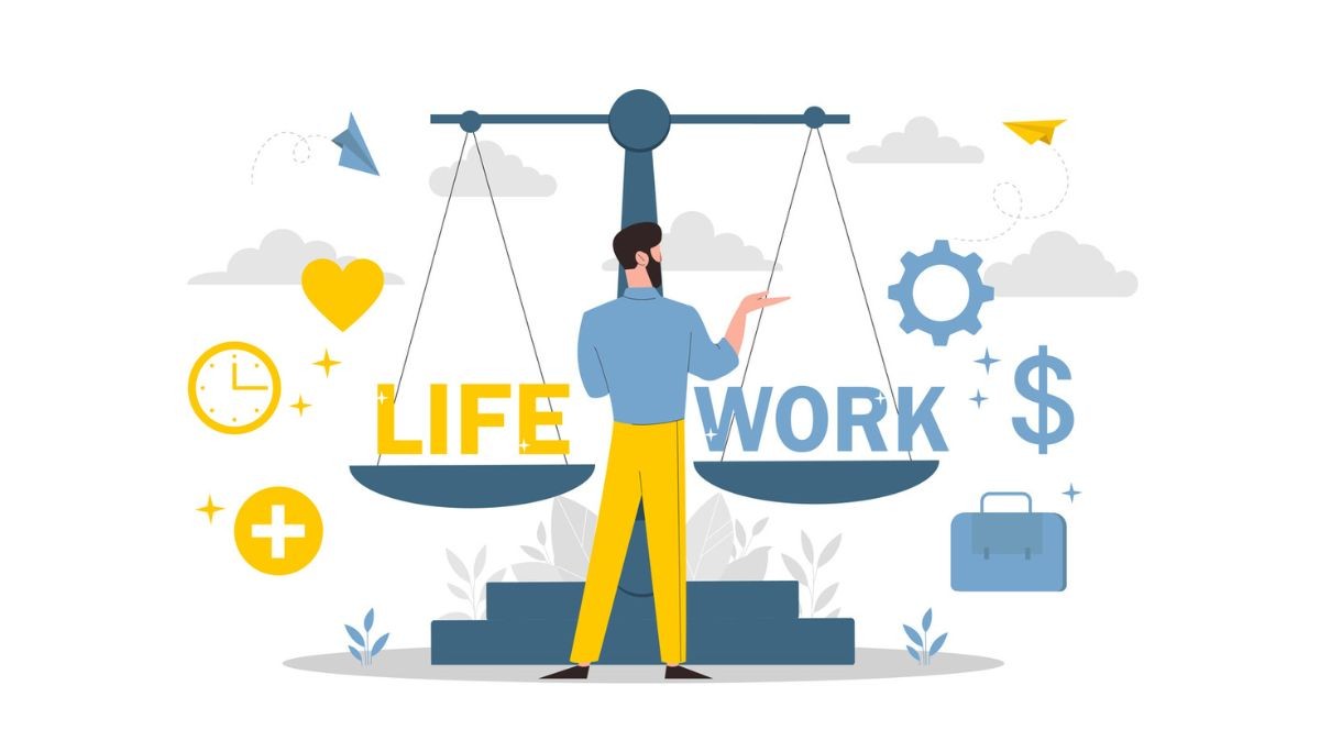 Illustration of a person standing beside a balanced scale labeled “Life” and “Work,” surrounded by icons for health, love, time, money, productivity, and career, representing jobs that support strong work‑life balance in 2026 and beyond.