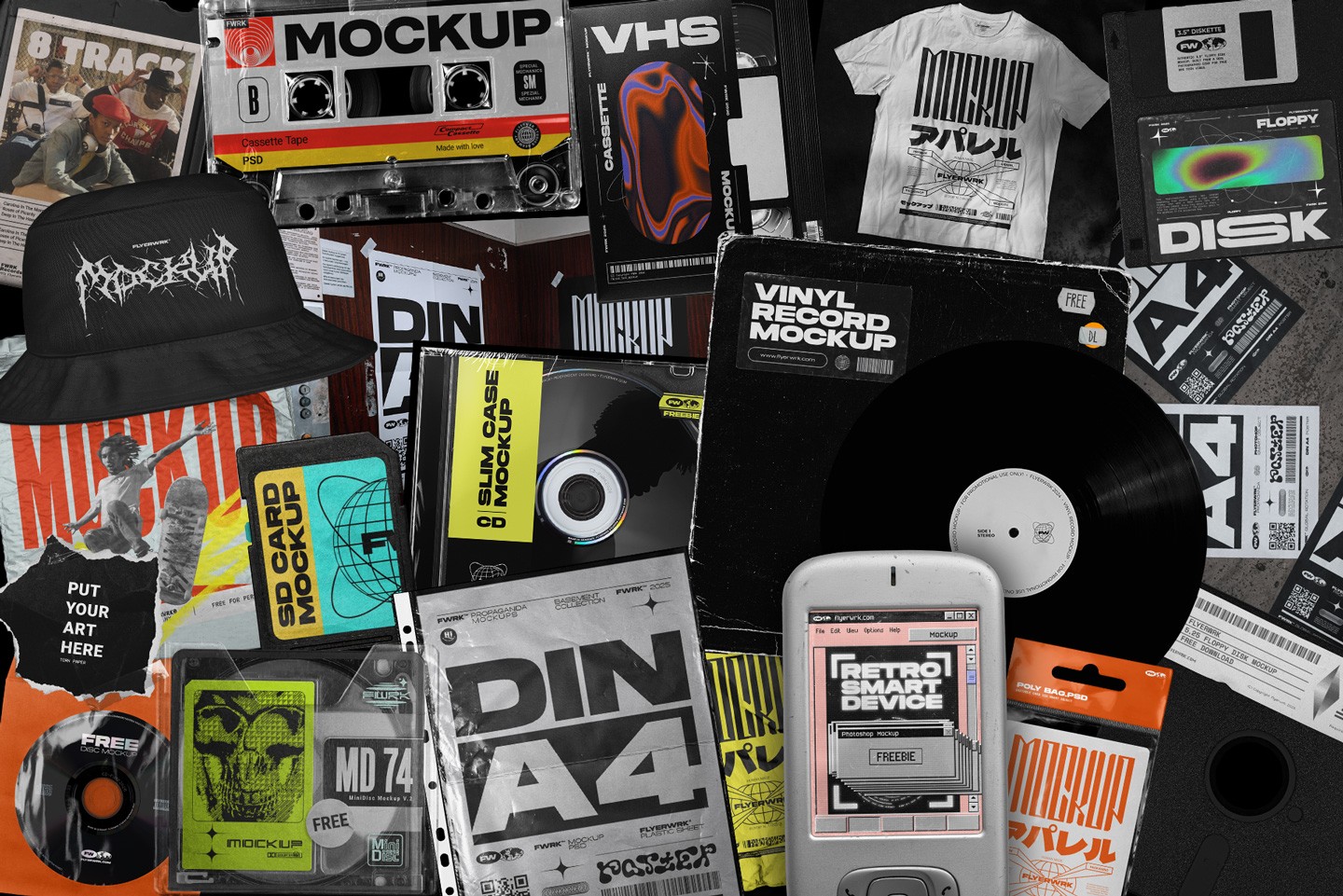 Flyerwrk Freebies Vault bundle preview with mockups textures apparel and design assets collection