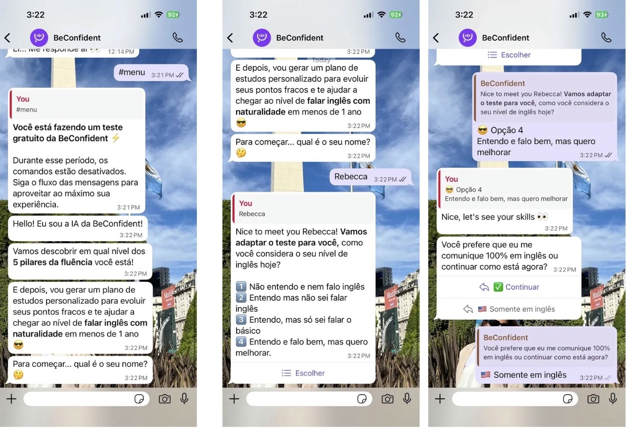Free trial (teste gratuito), primeiro contato com a experiência BeConfident de aprender inglês pelo WhatsApp