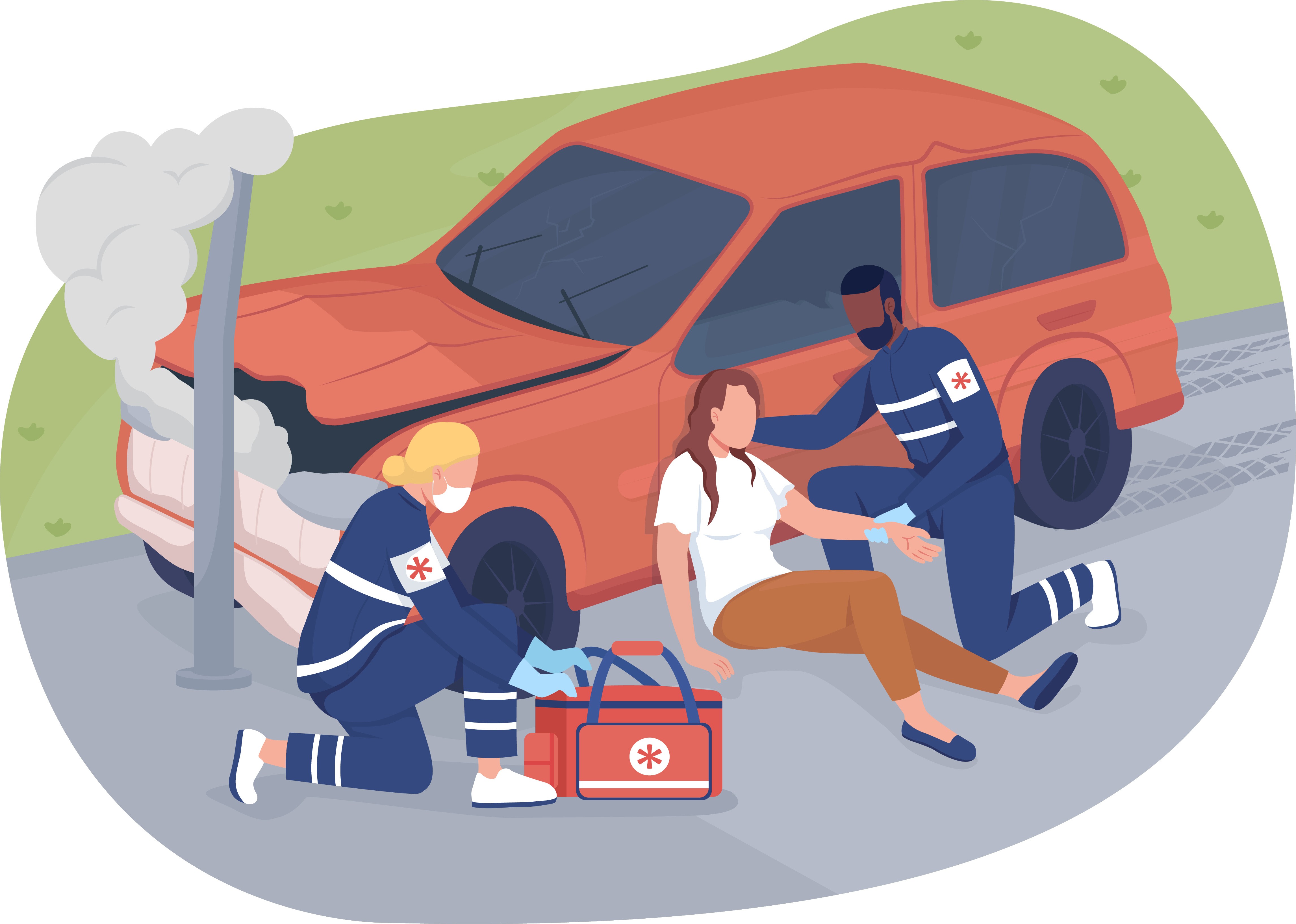 car image of woman being cared for by paramedics after single car accident