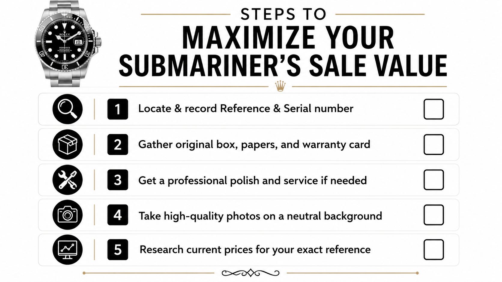 A checklist infographic titled Steps to Maximize Your Submariner's Sale Value, featuring five professional resale tips.