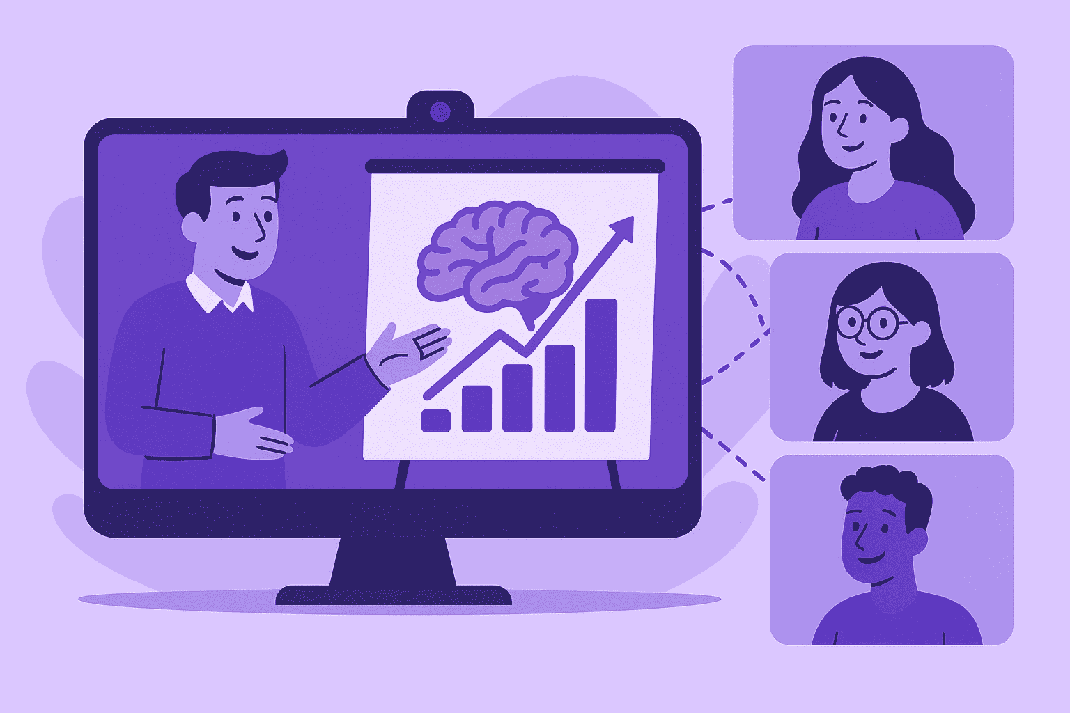 “Flat-style digital illustration showing a leader on a virtual meeting presenting a board with a brain icon and upward graph to remote team members, symbolizing mindset and efficiency.