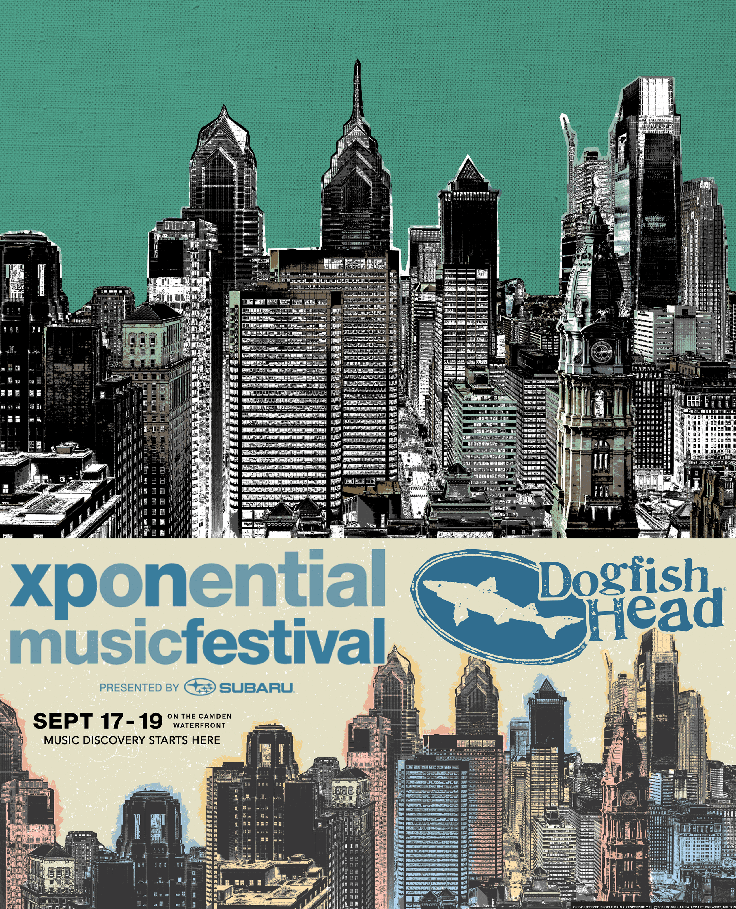 A design in various concept stages featuring the skyline of philadelphia stylized in a threshold fashion with cover overlays and texture applications. 