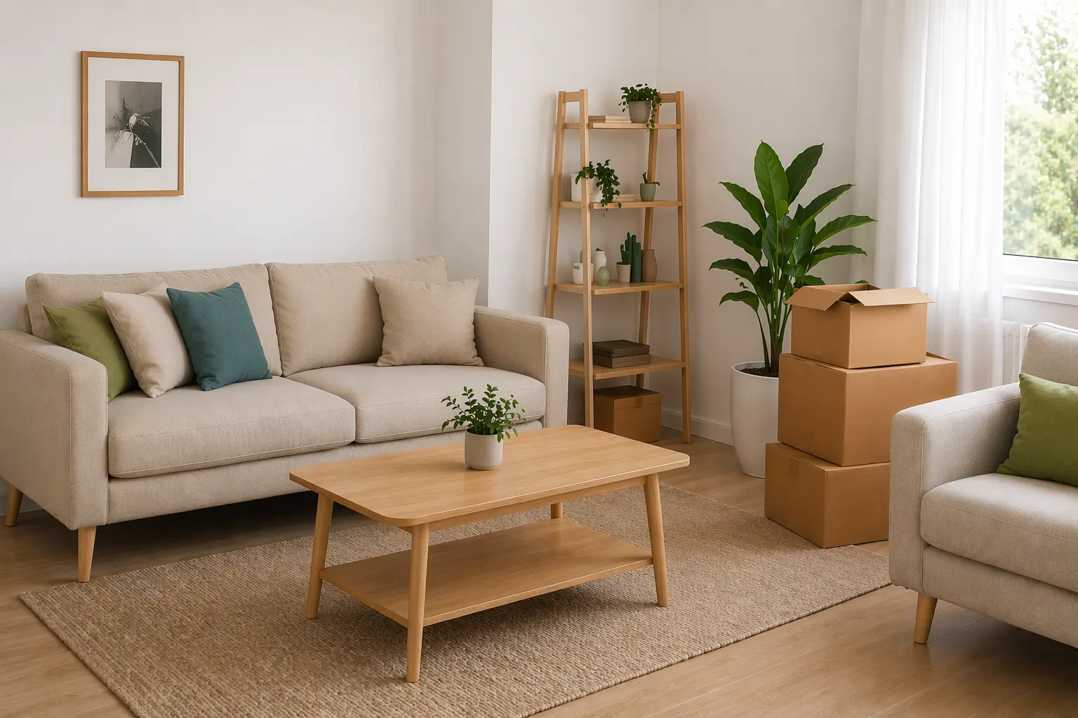 helles Wohnzimmer mit Umzugskartons