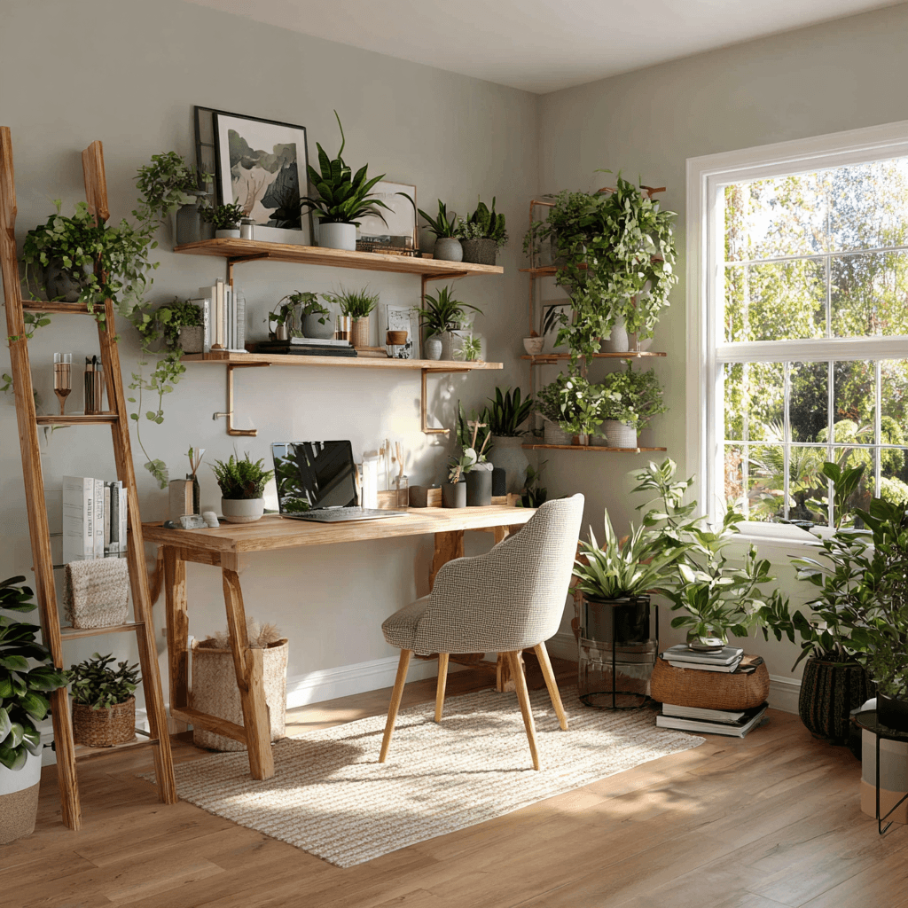 A home office featuring a desk, a ladder, and several indoor plants for a fresh and inviting workspace.