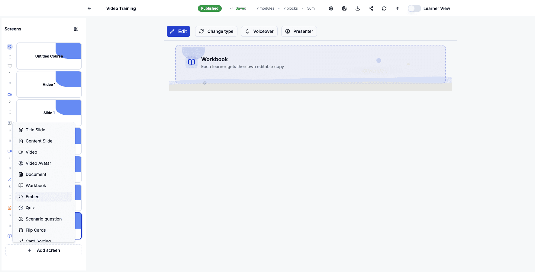 Select Embed to add external content like websites, forms, or embedded applications.