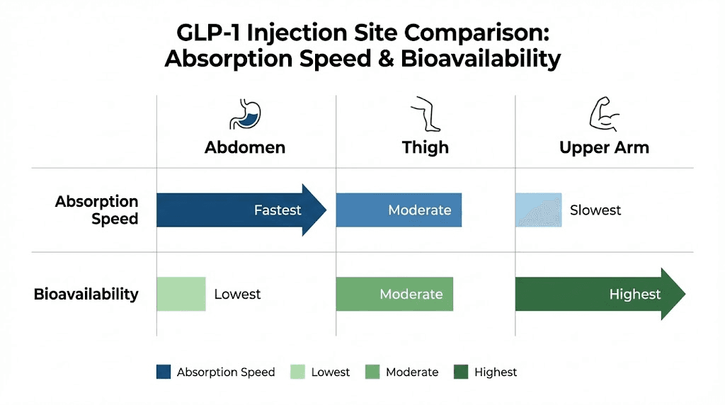 GLP-1 injection site comparison chart showing absorption rates for abdomen thigh and upper arm