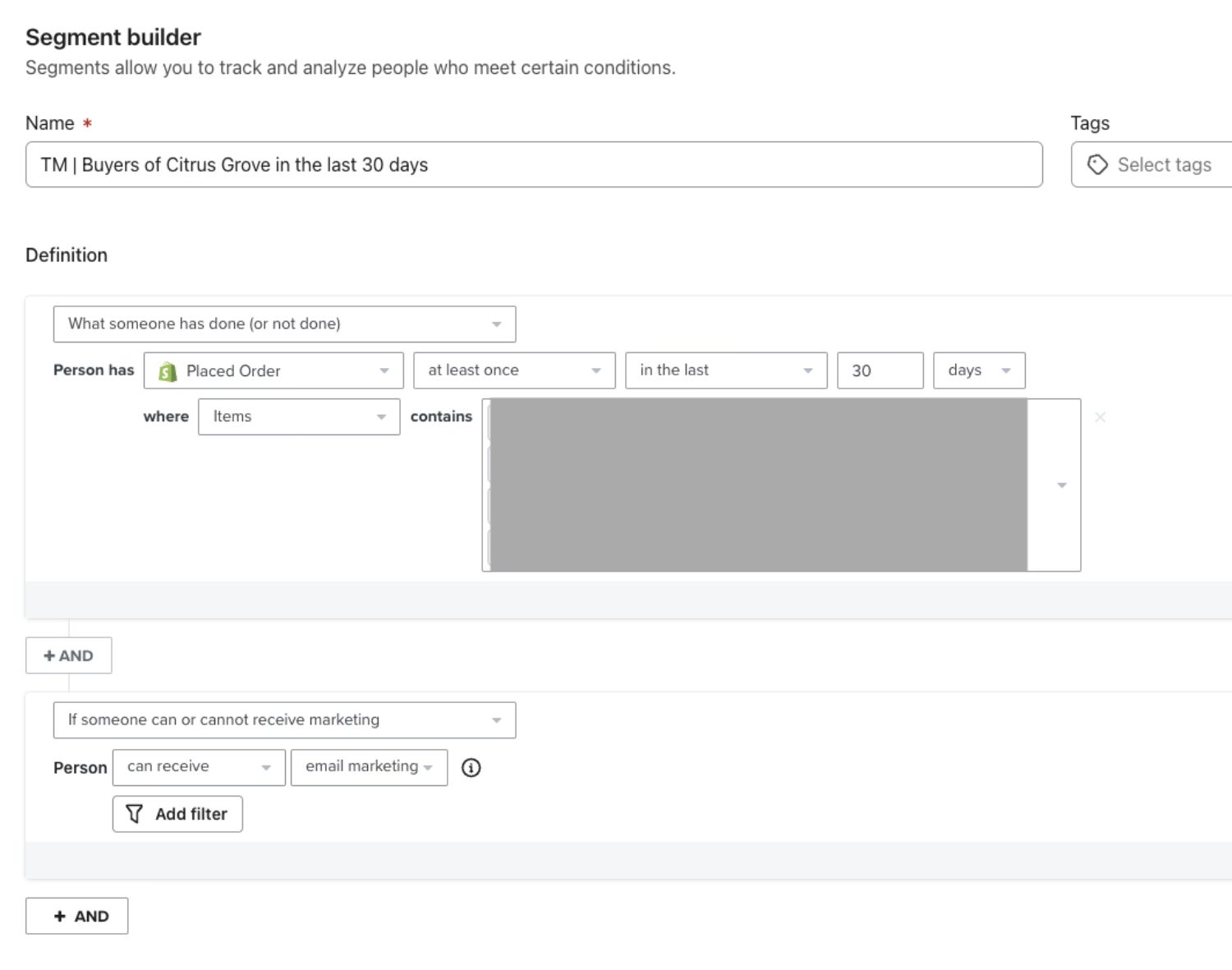 The image displays a Klaviyo segment builder for "TM | Buyers of Citrus Grove in the last 30 days." It filters customers who placed an order containing items from the "Citrus Grove" collection within the past 30 days and are eligible to receive marketing emails. The conditions are defined with "AND" logic for precise targeting.