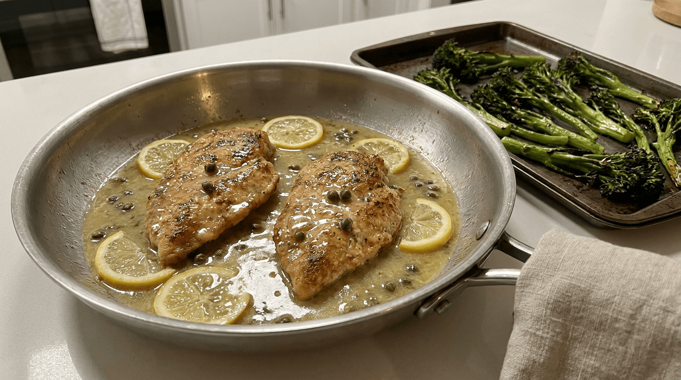 Chicken piccata with roasted broccolini easy low calorie family dinner
