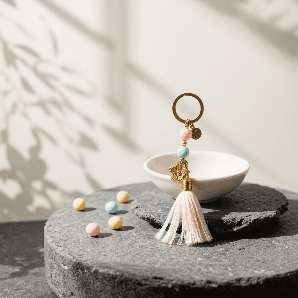 product photography of a decorative keychain with beads and charms