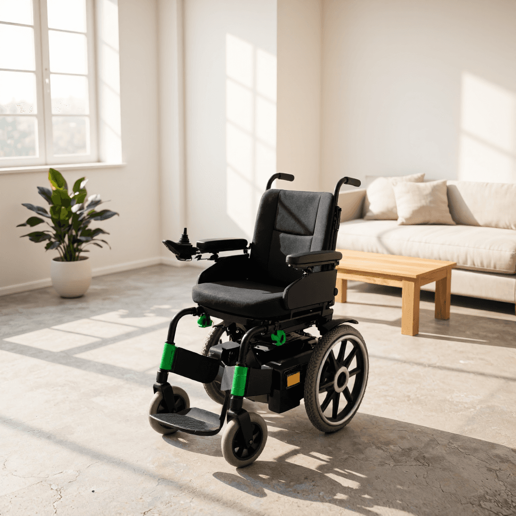 product photography of a powered wheelchair designed for mobility assistance