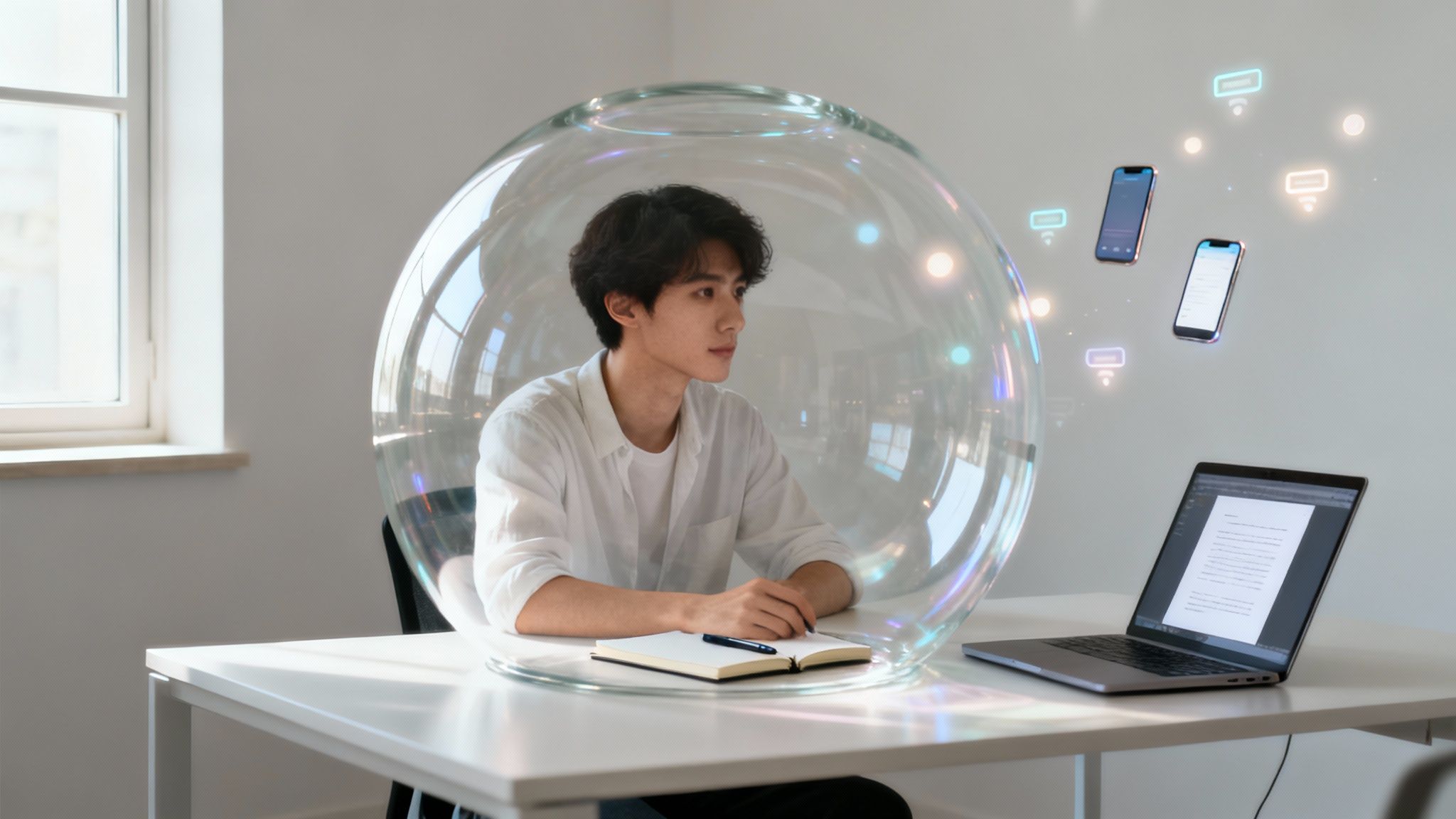 A young man inside a clear bubble at a desk with a laptop and floating phones, representing focused work.