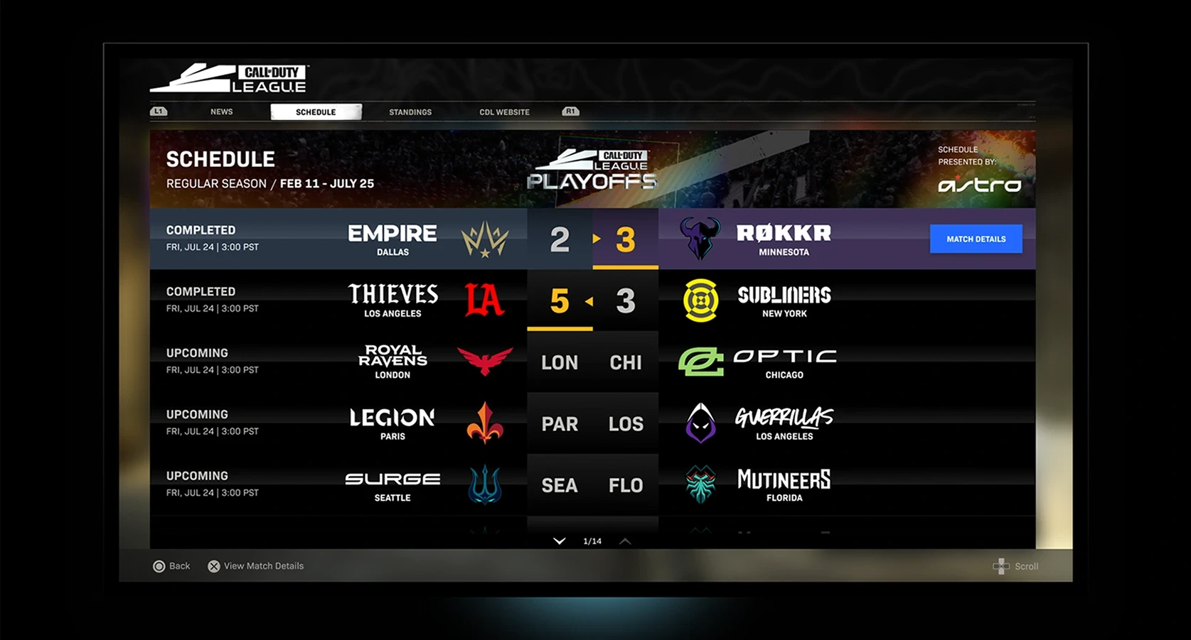 Upcoming and completed matches, with teams and scores.