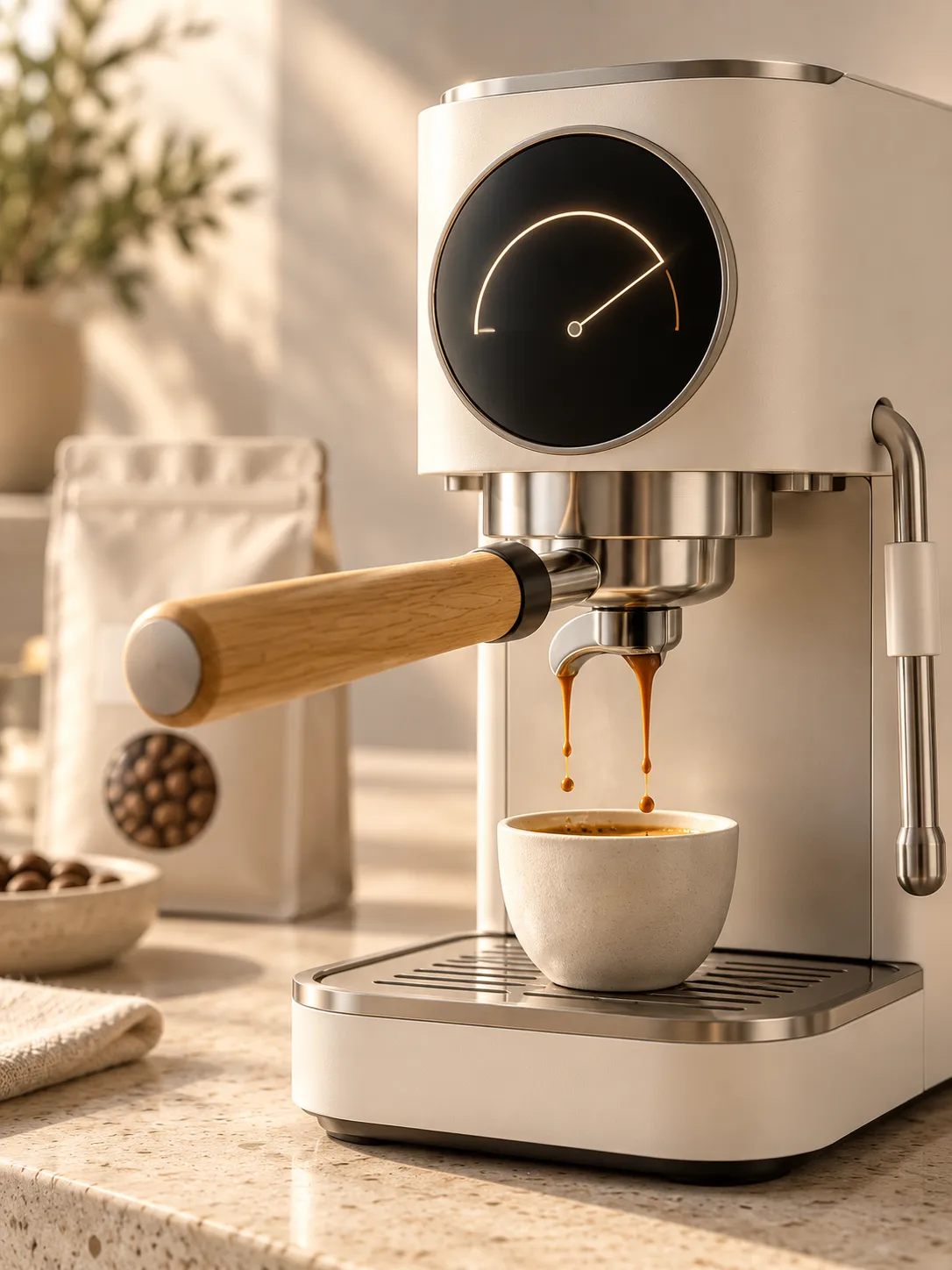 Portafilter with an oak handle locked into the group head with fresh espresso drops forming below