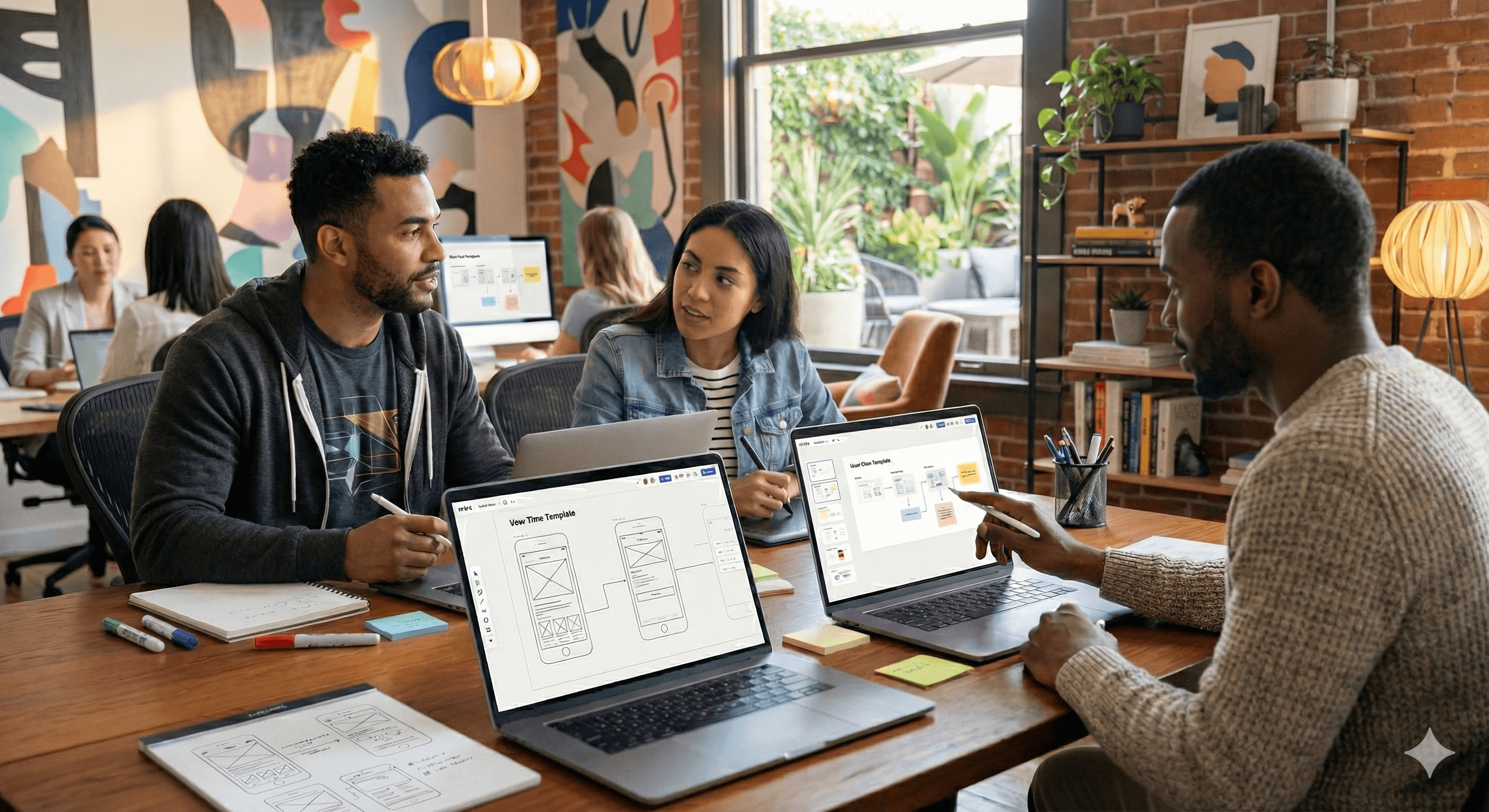 A team of colleagues collaborates on UX design using laptops displaying Miro prototype wireframes in a stylish, modern office.