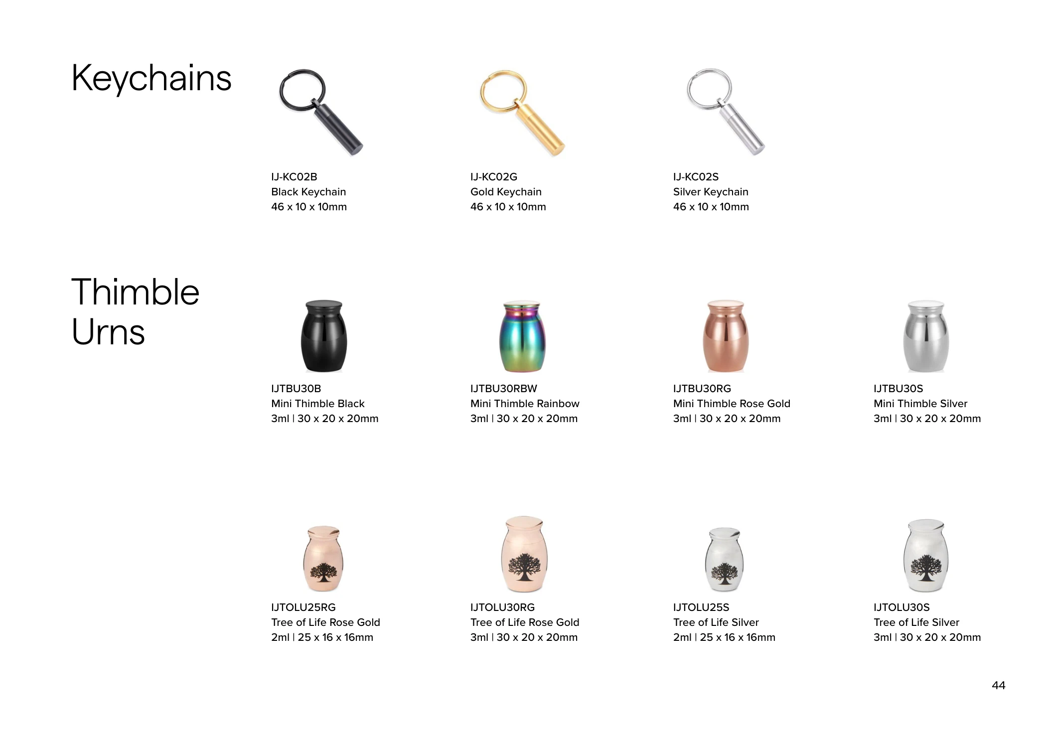 Tree of Life Keychains & Thimble Urns – product details and codes