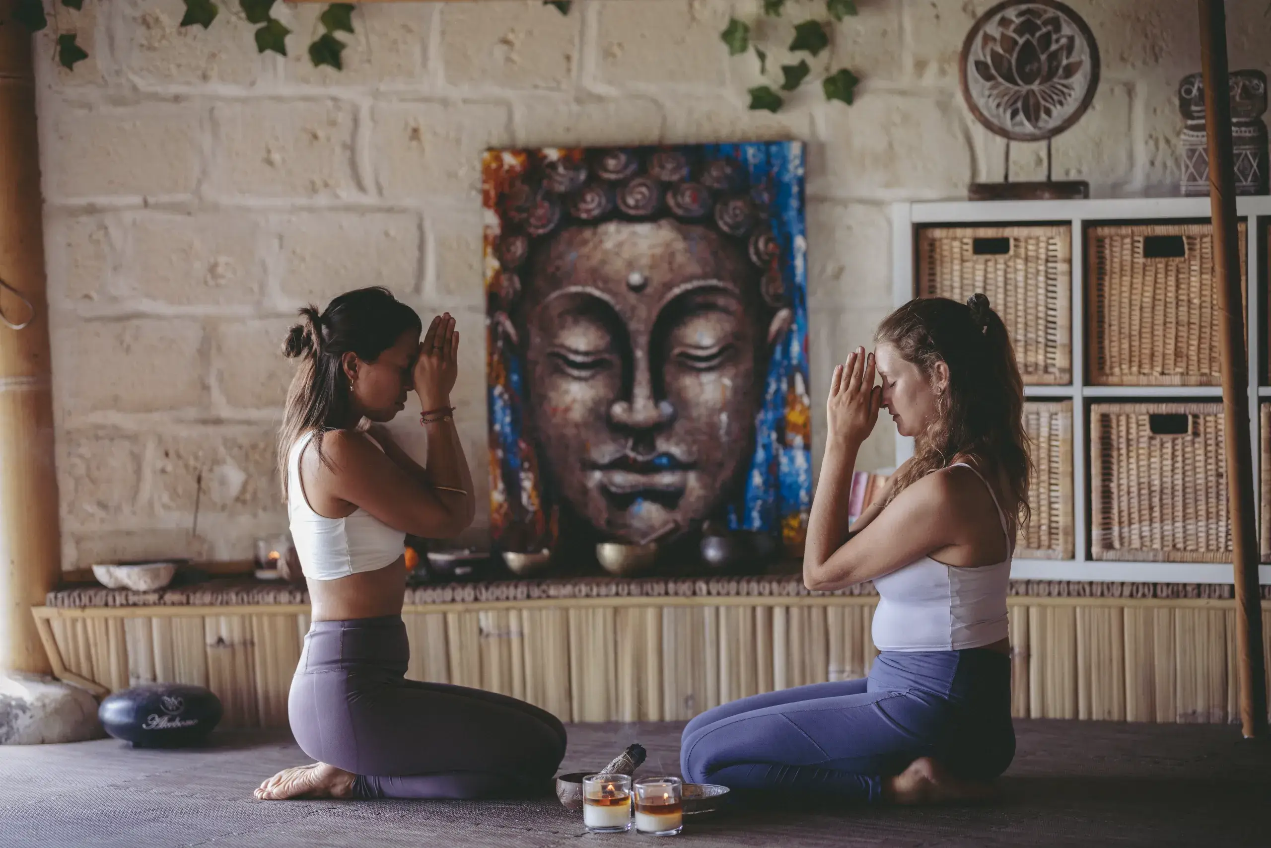 Students practicing seated meditation and breathwork in the spiritual shala during the 300-hour Bali yoga teacher training