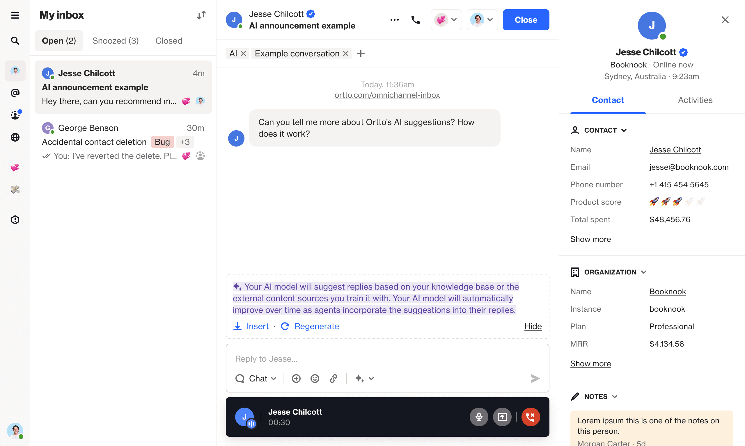 Screenshot of the Talk Inbox, showcasing the Customer Data Platform, AI suggested replies, and voice and screen sharing.